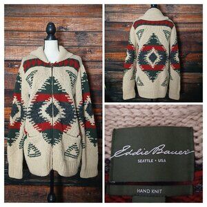 Eddie Bauer Sweater Size L Full Zip Cardigan Hand Knit Wool Blend 2011 Aztec